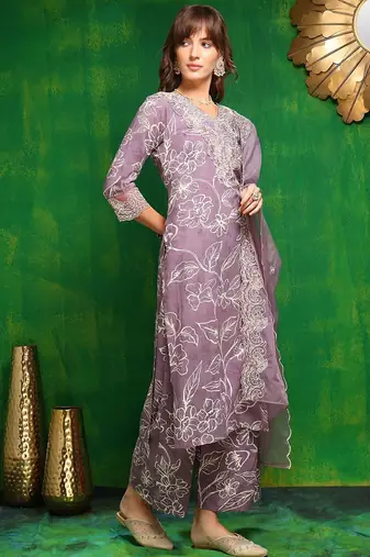 women ethnic motifs embroidered regular kantha work kurta with palazzos & with dupatta