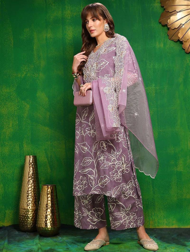 women ethnic motifs embroidered regular kantha work kurta with palazzos & with dupatta