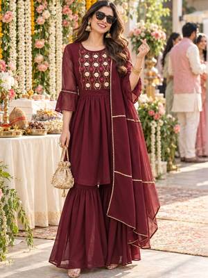 women ethnic motifs embroidered empire thread work kurta with sharara & with dupatta 1