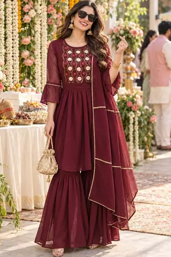 women ethnic motifs embroidered empire thread work kurta with sharara & with dupatta