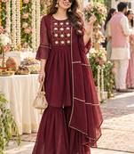women ethnic motifs embroidered empire thread work kurta with sharara & with dupatta