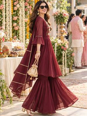 women ethnic motifs embroidered empire thread work kurta with sharara & with dupatta 2