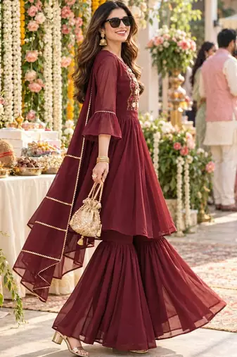 women ethnic motifs embroidered empire thread work kurta with sharara & with dupatta