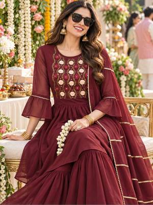 women ethnic motifs embroidered empire thread work kurta with sharara & with dupatta 3