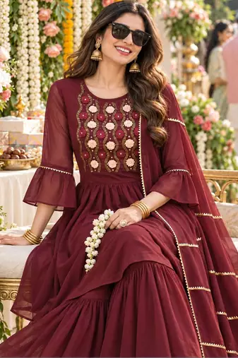 women ethnic motifs embroidered empire thread work kurta with sharara & with dupatta