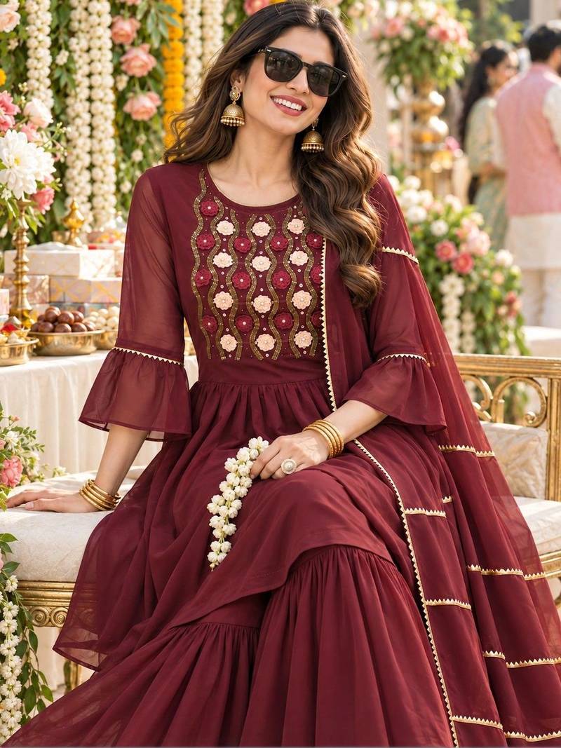 women ethnic motifs embroidered empire thread work kurta with sharara & with dupatta