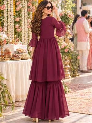 women ethnic motifs embroidered empire thread work kurta with sharara & with dupatta 4