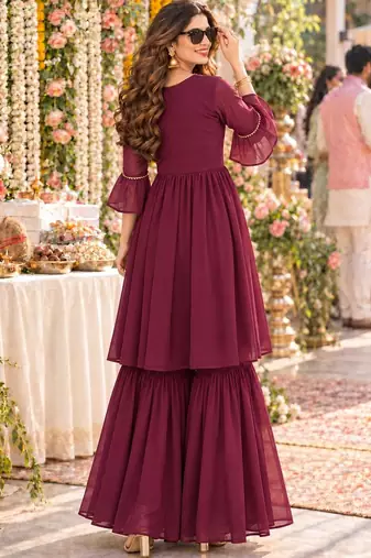 women ethnic motifs embroidered empire thread work kurta with sharara & with dupatta