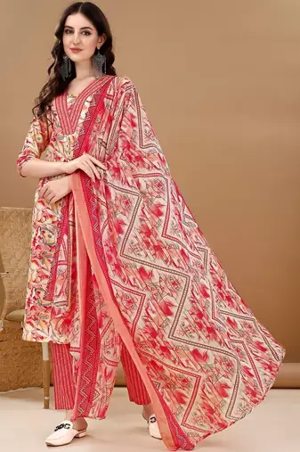 women floral printed regular  cotton kurta with trousers & with dupatta