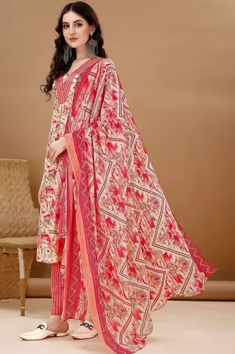 women floral printed regular  cotton kurta with trousers & with dupatta