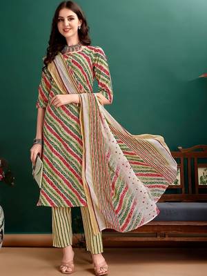 women leheriya printed kurta with trousers & with dupatta 1