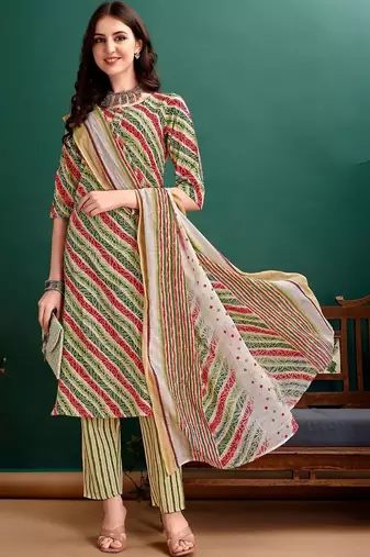 women leheriya printed kurta with trousers & with dupatta