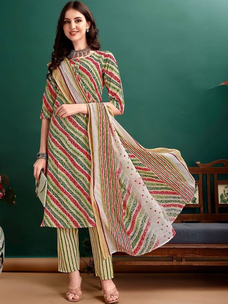women leheriya printed kurta with trousers & with dupatta