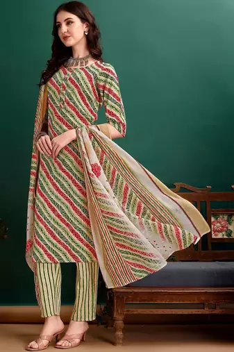 women leheriya printed kurta with trousers & with dupatta