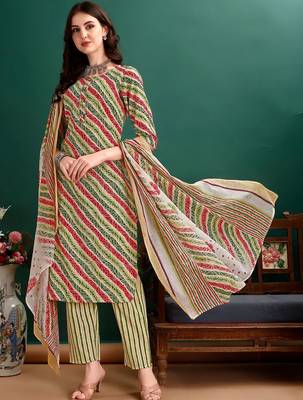 women leheriya printed kurta with trousers & with dupatta 4