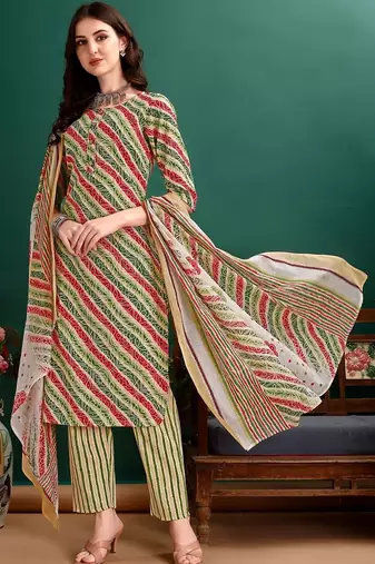 women leheriya printed kurta with trousers & with dupatta