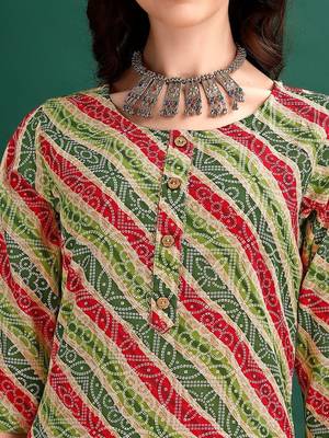 women leheriya printed kurta with trousers & with dupatta 5