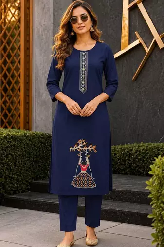women ethnic motifs embroidered regular thread work kurta with trousers