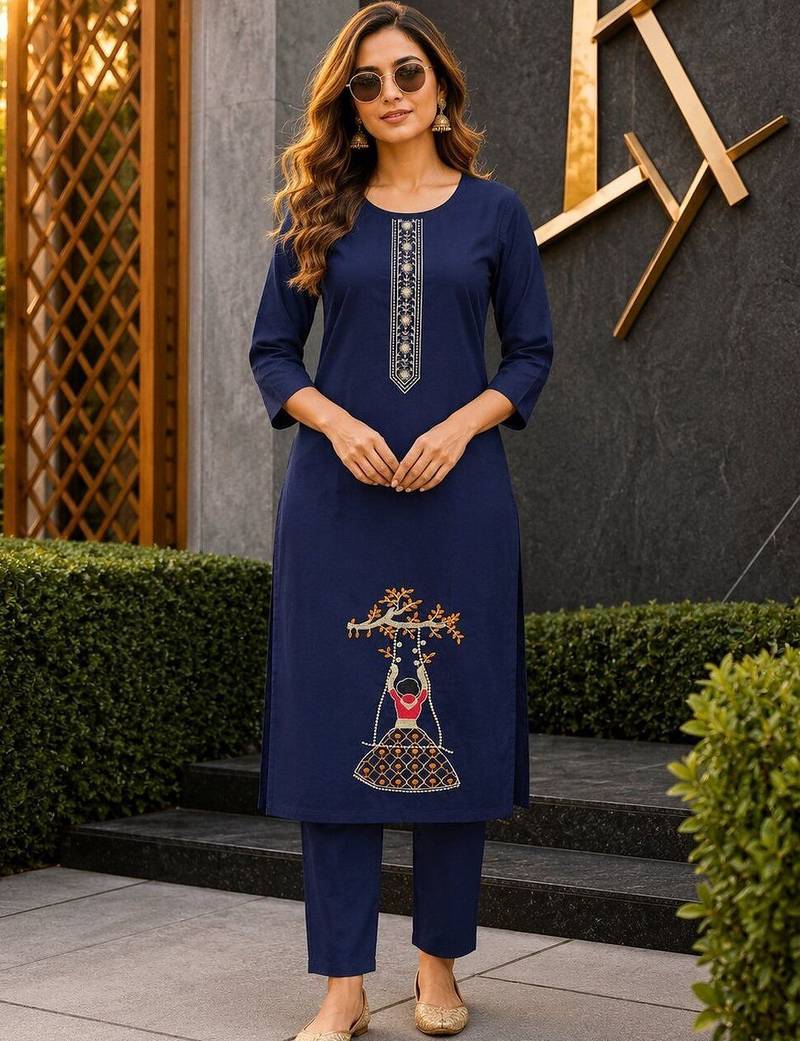 women ethnic motifs embroidered regular thread work kurta with trousers