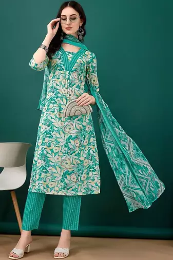 women floral printed regular  cotton kurta with trousers & with dupatta