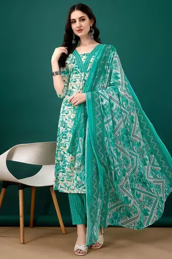 women floral printed regular  cotton kurta with trousers & with dupatta