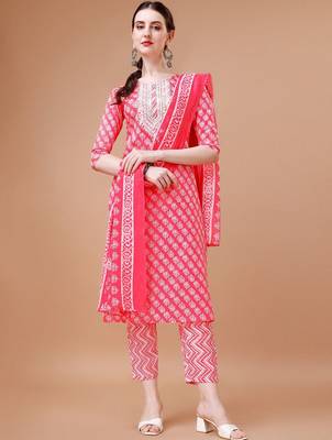 floral printed thread workkurta with trousers & dupatta 1