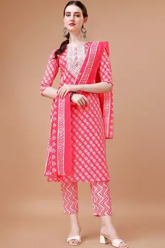 floral printed thread workkurta with trousers & dupatta