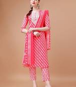 floral printed thread workkurta with trousers & dupatta