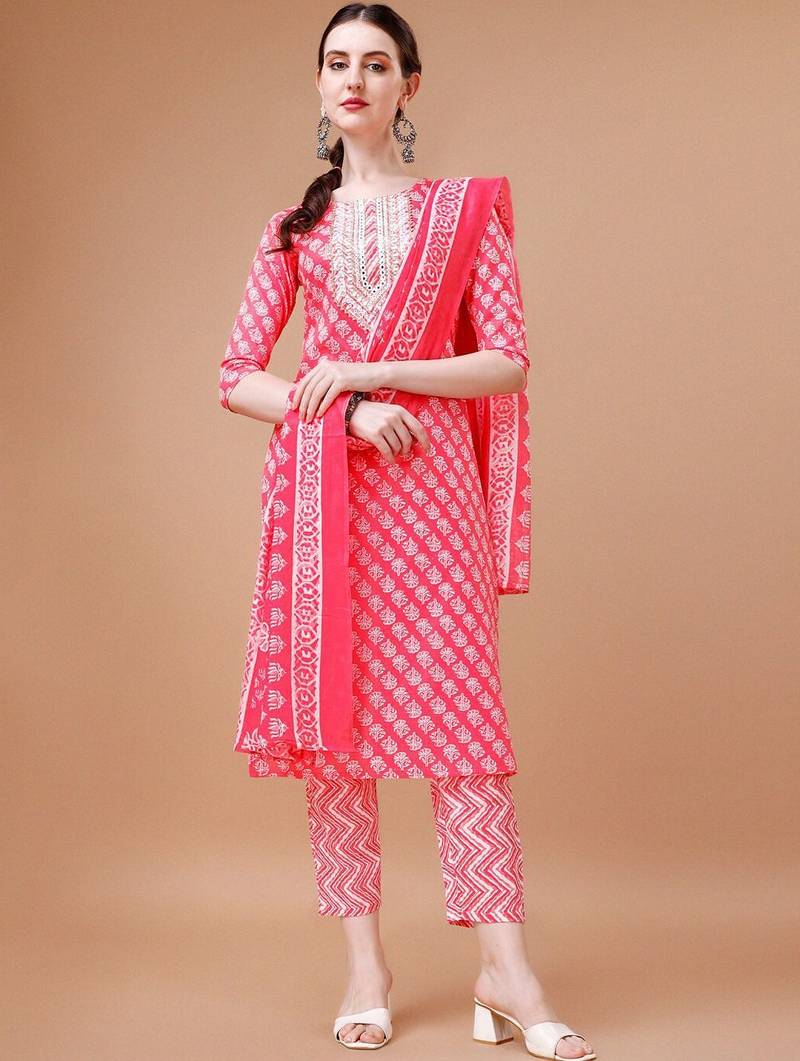 floral printed thread workkurta with trousers & dupatta