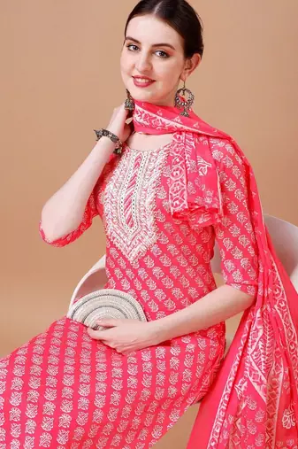 floral printed thread workkurta with trousers & dupatta