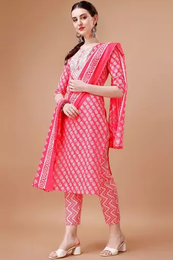 floral printed thread workkurta with trousers & dupatta