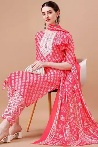 floral printed thread workkurta with trousers & dupatta
