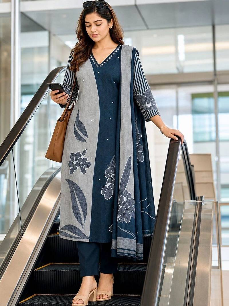 women floral printed regular  cotton kurta with trousers & with dupatta