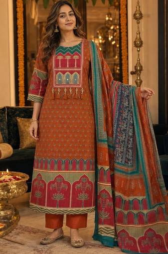 women ethnic motifs printed regular  cotton kurta with trousers & with dupatta