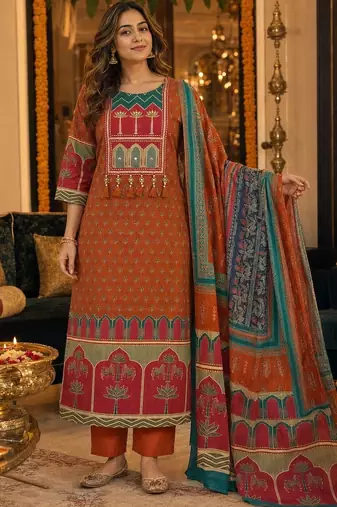 women ethnic motifs printed regular  cotton kurta with trousers & with dupatta