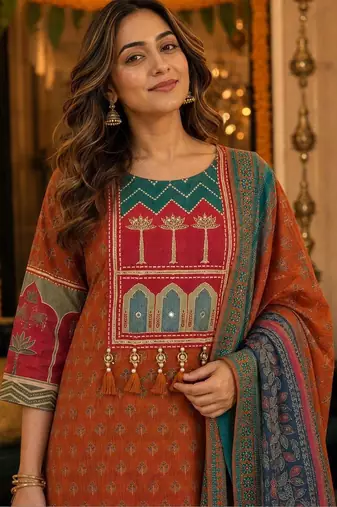 women ethnic motifs printed regular  cotton kurta with trousers & with dupatta