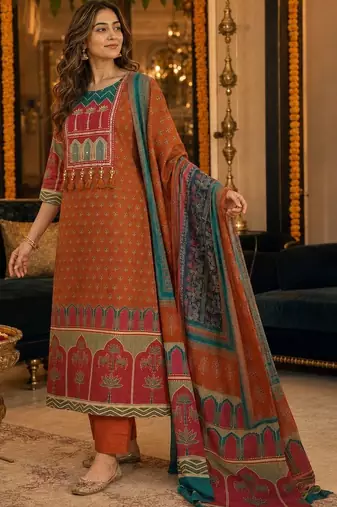 women ethnic motifs printed regular  cotton kurta with trousers & with dupatta