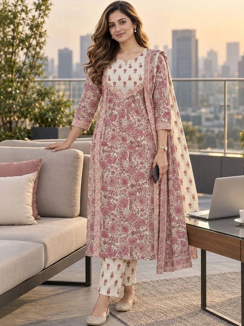 women floral printed regular  cotton kurta with trousers & with dupatta