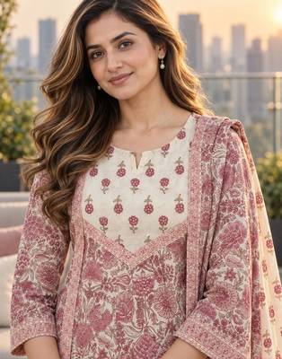 women floral printed regular  cotton kurta with trousers & with dupatta 4