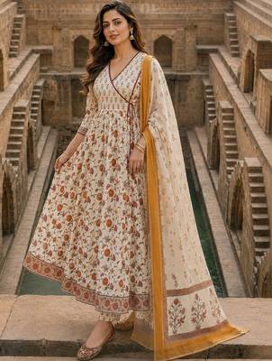 women floral printed angrakha  cotton kurta with trousers & with dupatta 1