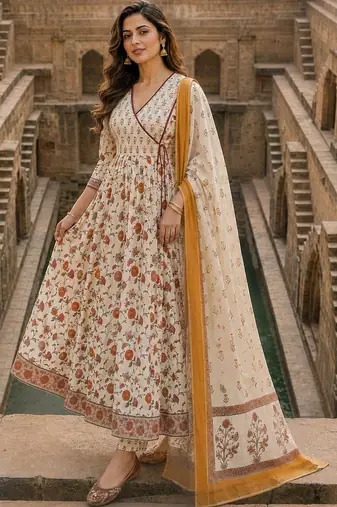 women floral printed angrakha  cotton kurta with trousers & with dupatta