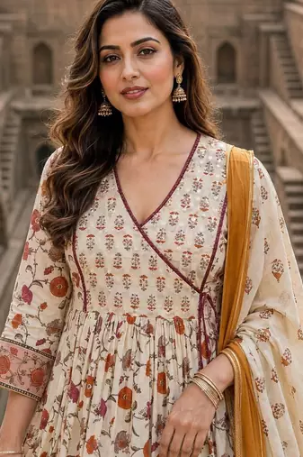 women floral printed angrakha  cotton kurta with trousers & with dupatta