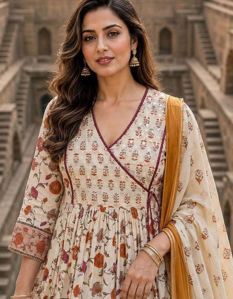 women floral printed angrakha  cotton kurta with trousers & with dupatta