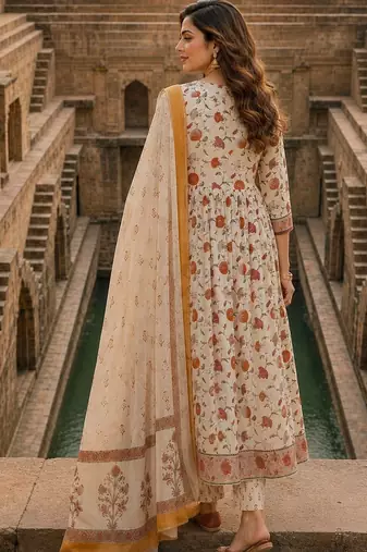women floral printed angrakha  cotton kurta with trousers & with dupatta