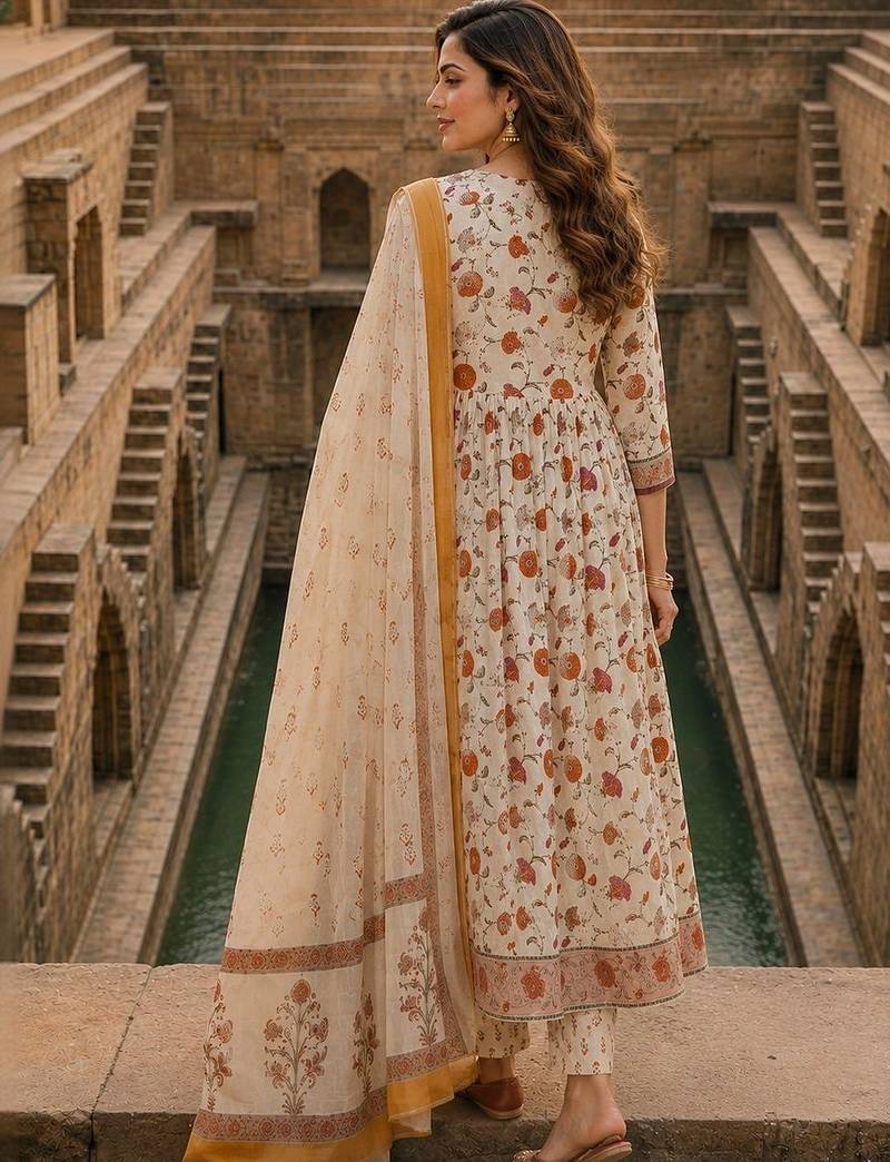 women floral printed angrakha  cotton kurta with trousers & with dupatta