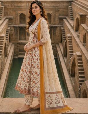 women floral printed angrakha  cotton kurta with trousers & with dupatta 4