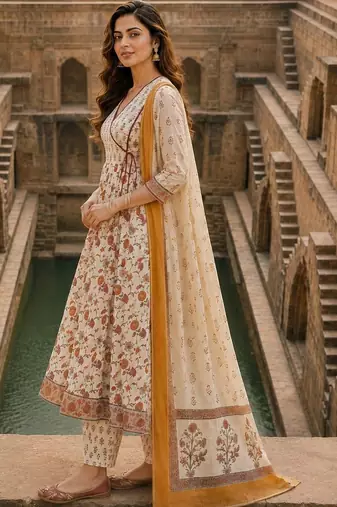 women floral printed angrakha  cotton kurta with trousers & with dupatta