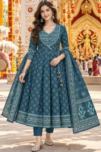 women ethnic motifs printed angrakha  cotton kurta & trousers & dupatta