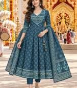 women ethnic motifs printed angrakha  cotton kurta & trousers & dupatta