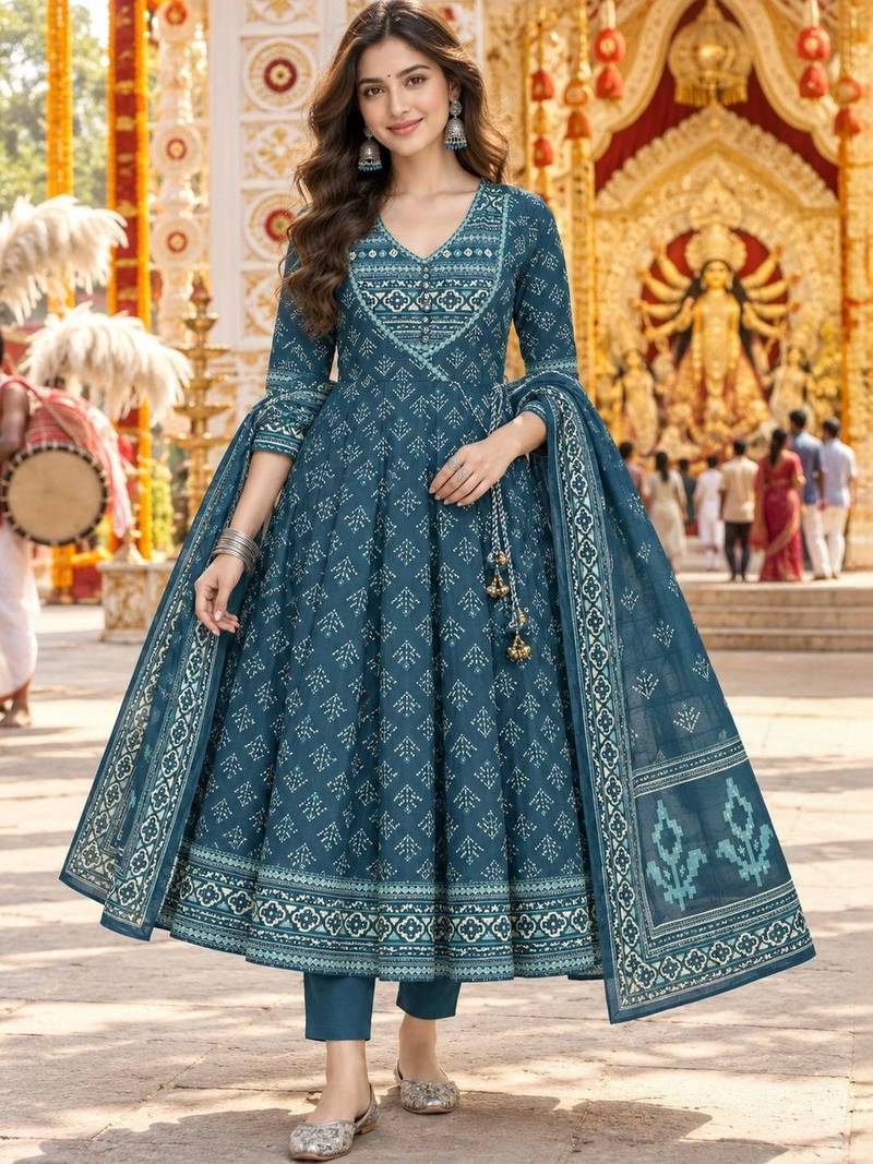 women ethnic motifs printed angrakha  cotton kurta & trousers & dupatta